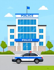 Illustration of a police station and car. Flat style