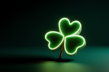 A glowing neon green three-leaf clover stands illuminated against a dark background, symbolizing luck and nature with a modern, vibrant aesthetic