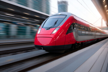 Fototapeta premium A sleek red high-speed train zooms through a modern station platform, showcasing advanced transportation technology and dynamic motion in an urban environment