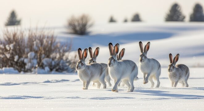Group of snowshoe hares running across a snow covered field