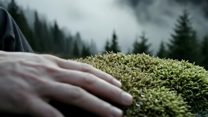 Close-up 4k shot of beautiful mountain scenery and a hand gently touching green moss on a rock surface, captured with shallow depth of field and muted, natural tones in a foggy forest setting. - Powered by Adobe