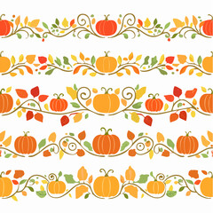 Vibrant collection of autumn decorative borders with stylized pumpkins, colorful fall leaves, and elegant swirling vines, ideal for seasonal designs, Thanksgiving, and harvest themes