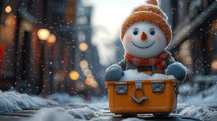 Whimsical snowman character packing a suitcase for a magical winter holiday adventure amidst falling snow in a festive city
