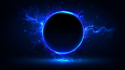 Obraz premium A glowing blue electric ring with lightning-like energy streams surrounds a dark circular center against a deep blue background, creating a futuristic and dynamic visual effect