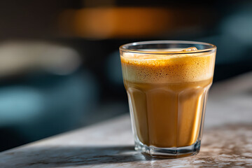 A frothy iced coffee in a clear glass sits on a marble surface with a blurred background, showcasing rich creamy layers and ice cubes inside