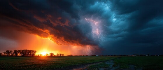 Stunning sunset landscape with vibrant lightning storm creating dramatic sky over rural farmland
