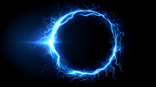 A glowing blue electric ring crackles with energy on a dark background, creating a striking, futuristic light effect with vivid lightning-like arcs
