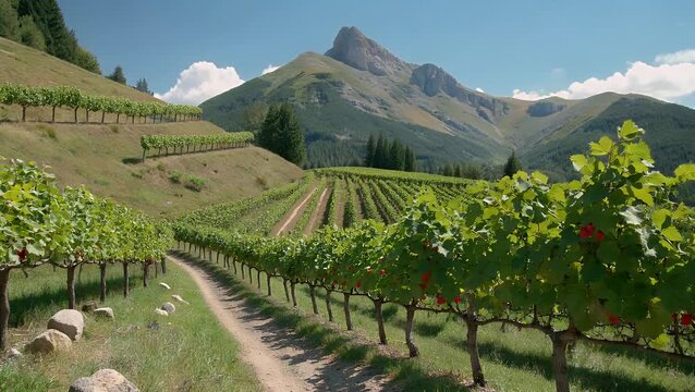 rustic unpaved pathway meandering between vibrant green grapevines in fertile vineyard set against backdrop of towering peaks in scenic European rural landscape