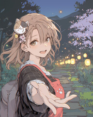 桜と提灯に囲まれた夜祭りで手を差し伸べる笑顔のアニメ美少女