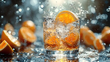 A cool glass of sparkling soda with a fresh orange slice and ice, creating an energetic splash against a shimmering bokeh background