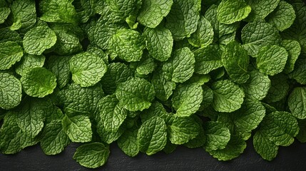 A detailed top-down view of fresh, vibrant green mint leaves creating a natural textured background on a dark surface