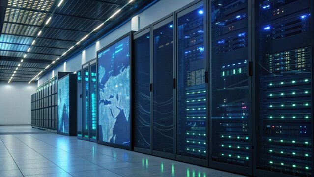A modern data center featuring rows of servers illuminated by blue lights, with digital screens displaying a world map.