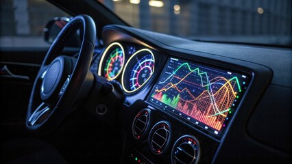 A sleek car interior featuring a digital dashboard with colorful graphs and metrics, showcasing advanced technology and design.