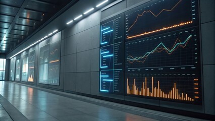 A modern data visualization room showcasing dynamic financial charts and graphs on large screens against a sleek, minimalist backdrop.