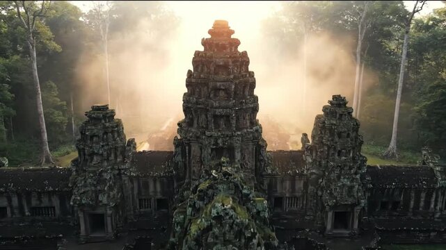 4k aerial view capturing the ancient temple, showcasing intricate architecture details with a mystical, golden light and surrounded by lush jungle.