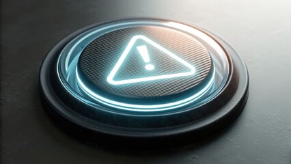 A glowing warning button with a triangular exclamation mark, set against a textured surface, conveying urgency or caution.