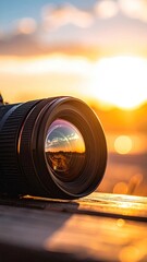 Camera Lens Reflection of Sunset Landscape in Warm Golden Light Photography