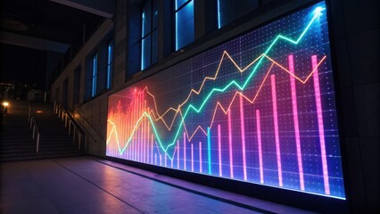 A vibrant display of colorful data visualizations showcasing fluctuating graphs and trends, set against a modern urban backdrop.