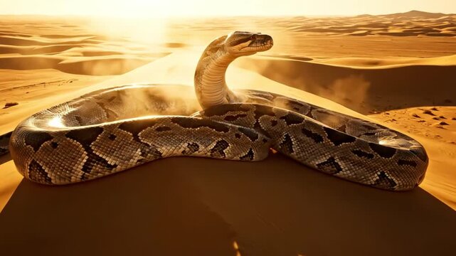 A 4k medium shot captures a large python slithering across the rippled sand dunes of a vast desert landscape under the scorching sun, creating a warm and adventurous