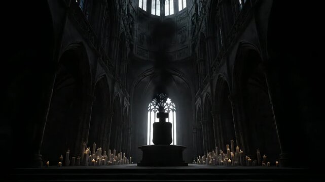 A 4k wide shot of a dark, gothic cathedral interior featuring an altar illuminated by candles, creating a somber and mysterious atmosphere with strong contrast lighting.