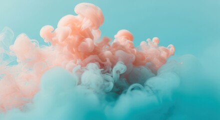 Abstract explosion of pink and blue ink in water, creating ethereal clouds and swirling patterns against a light blue background
