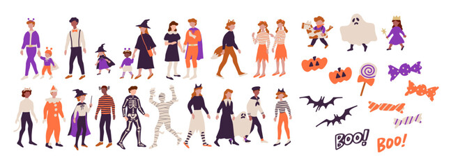 ハロウィンの魔女やおばけ、ミイラ男などの仮装をする家族・子どもなどの人物のベクターイラスト素材セット Vector illustration set featuring people such as families and children dressed in Halloween costumes.