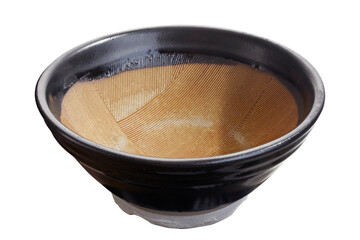 Japanese Style Black Ceramic Bowl with Textured Interior, Side Angle View, Isolated on White Background with Clipping Path