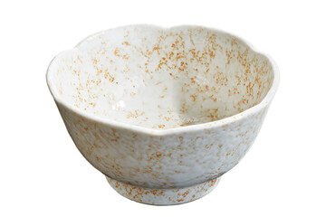 White Ceramic Bowl with Golden Speckled Glaze, Side Angle View, Isolated on White Background with Clipping Path