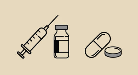 Clean, stylized vector icon illustration featuring a distinctive syringe outline, a pristine vaccine vial, and an isolated capsule pill, symbolizing modern medical treatment and essential healthcare.