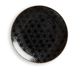 Black Ceramic Plate with Gold Rim and Geometric Pattern Top View Isolated with Clipping Path