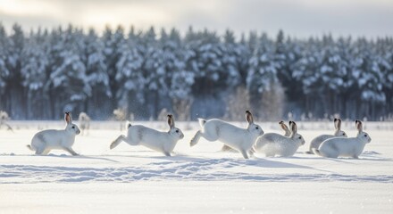 Fototapeta premium White hares running across the snowy field in winter landscape