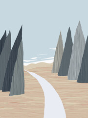 Minimalist abstract landscape featuring a serene scene of a path winding through a dark forest toward a beach and blue water filled with lines of muted purple and grey tones