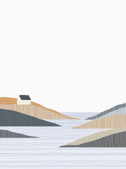 Minimalist abstract landscape featuring a serene scene of rolling hills surrounding a body of blue water, with a small white house nestled on a hilltop filled with lines of muted purple and grey tones