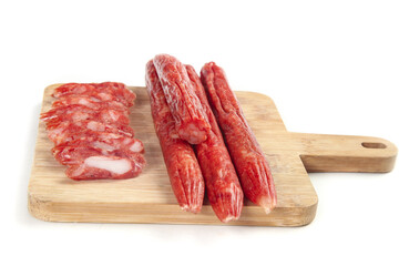Cantonese Style Air-Dried Sweet Sausages and Spicy Cured Meat on Wooden Cutting Board