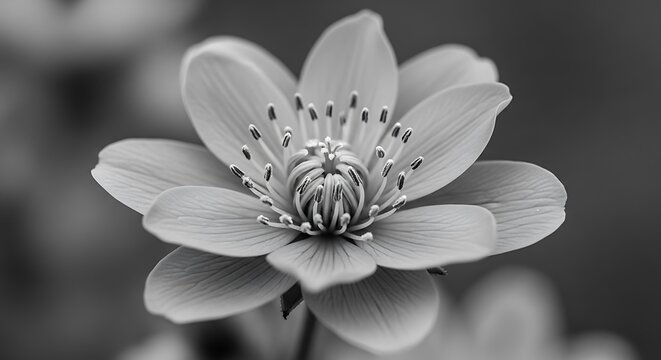 Black and White Macro of a Blooming Flower Capturing Delicate Petals and Intricate Details