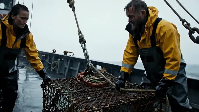 Two fishermen in yellow rain gear hauling a net full of alaska crabs on a commercial fishing boat deck in a 4k close-up shot with a wet, gray, overcast sky conveying a hard-working mood.