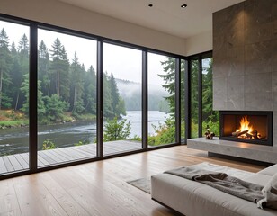 Modern living room with expansive windows overlooking a river and forest
