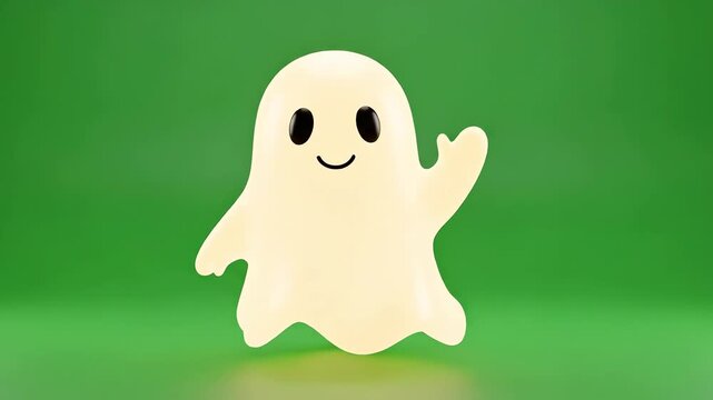 A cute, friendly ghost character waving hello against a vibrant green background, rendered in 3d