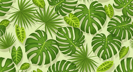 Fototapeta premium Vibrant green tropical leaves pattern background with monstera and palm fronds