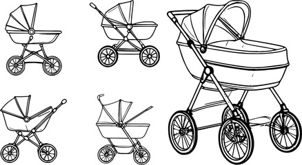 Baby stroller line art vector illustration of pram carriage with classic vintage design for parenting lifestyle newborn baby product and family care concept