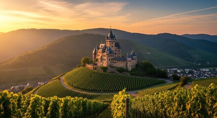 Naklejka premium Majestic castle atop vineyard hills at sunrise