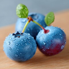 Close Up Of Fresh Blueberries With Water Drops on a Wooden Surface