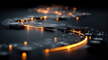 Dynamic abstract digital network flow with glowing orange lines and futuristic circuit board elements on a dark background, representing data transmission and connectivity.