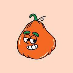 A charming cartoon pumpkin character with a playful and slightly mischievous expression, featuring bright orange skin, green stem, and a quirky smile. Cute Jack O Lantern Retro Mascot.