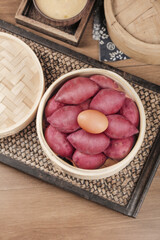 Fresh Purple Yams with Egg in Bamboo Steamer - Traditional Asian Cooking Ingredients Tianmu Mountain Linan