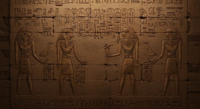 Ancient egyptian relief carvings on stone wall depicting figures and hieroglyphs