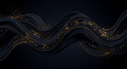 Elegant flowing abstract waves with golden particles against a dark background
