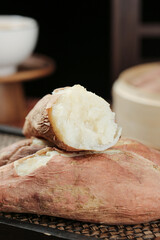 Shandong White Sweet Potato Cut Open Showing Heart-Shaped Interior on Wooden Board