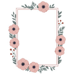 Floral Frame with Pink Anemones and Greenery.