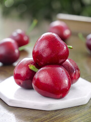 Fresh Red Cherries with Water Droplets on Marble Plate - Beautiful Summer Fruit Photography